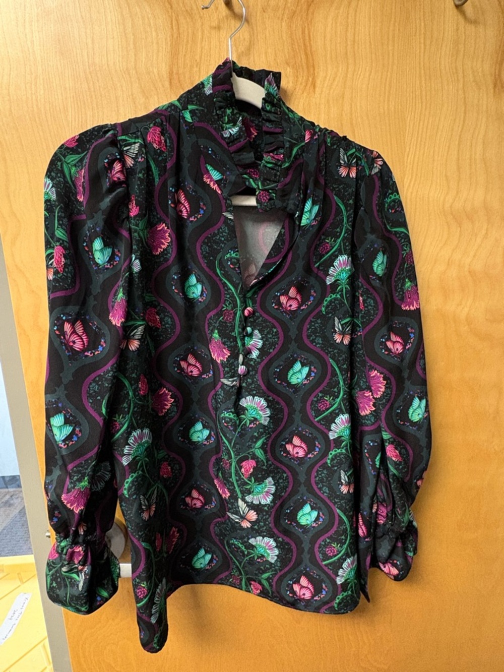 Black Floral Ruffle-Neck Blouse with Pink & Teal Accents